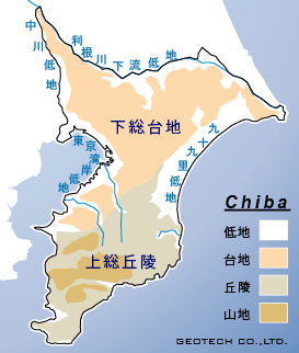 千葉県の地形概要図、千葉県は上総丘陵、下総台地、中川低地、東京湾低地、利根川下流低地、九十九里低地で構成されています。